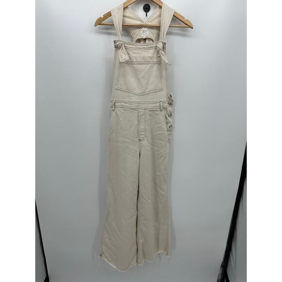 Aerie Womens Cream Denim Overalls Size M Wid Leg Boho Artsy Minimal Neutral - Picture 1 of 9